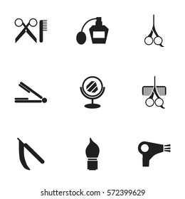 Set Of 9 Editable Barbershop Icons. Includes Symbols Such As Barber Tools, Desiccator, Take The Hair Dryer And More. Can Be Used For Web, Mobile, UI And Infographic Design.