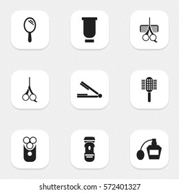 Set Of 9 Editable Barbershop Icons. Includes Symbols Such As Scent, Container, Take The Hair Dryer And More. Can Be Used For Web, Mobile, UI And Infographic Design.
