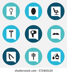 Set Of 9 Editable Barbershop Icons. Includes Symbols Such As Brains, Elbow Chair, Scent And More. Can Be Used For Web, Mobile, UI And Infographic Design.
