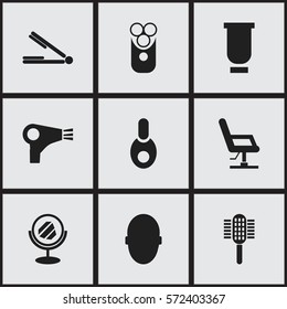 Set Of 9 Editable Barbershop Icons. Includes Symbols Such As Brains, Container, Take The Hair Dryer And More. Can Be Used For Web, Mobile, UI And Infographic Design.