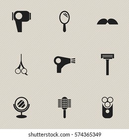 Set Of 9 Editable Barbershop Icons. Includes Symbols Such As Whiskers, Desiccator, Peeper And More. Can Be Used For Web, Mobile, UI And Infographic Design.