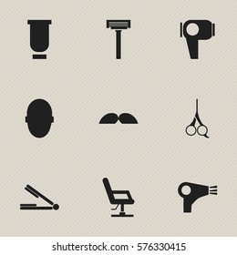 Set Of 9 Editable Barbershop Icons. Includes Symbols Such As Whiskers, Cut Tool, Brains And More. Can Be Used For Web, Mobile, UI And Infographic Design.