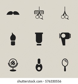 Set Of 9 Editable Barbershop Icons. Includes Symbols Such As Vial, Cut Tool, Whiskers And More. Can Be Used For Web, Mobile, UI And Infographic Design.