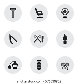 Set Of 9 Editable Barbershop Icons. Includes Symbols Such As Peeper, Elbow Chair, Shaver And More. Can Be Used For Web, Mobile, UI And Infographic Design.