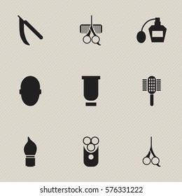 Set Of 9 Editable Barbershop Icons. Includes Symbols Such As Scrub, Hairdresser Set, Blade And More. Can Be Used For Web, Mobile, UI And Infographic Design.