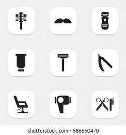 Set Of 9 Editable Barbershop Icons. Includes Symbols Such As Hair Drier, Container, Shaving And More. Can Be Used For Web, Mobile, UI And Infographic Design.