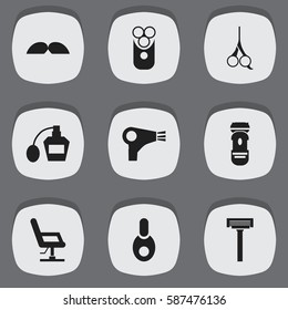 Set Of 9 Editable Barbershop Icons. Includes Symbols Such As Vial, Elbow Chair, Cutter Apparatus And More. Can Be Used For Web, Mobile, UI And Infographic Design.