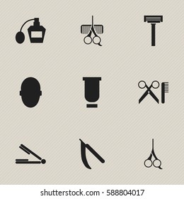 Set Of 9 Editable Barbershop Icons. Includes Symbols Such As Container, Hairdresser Set, Take The Hair Dryer And More. Can Be Used For Web, Mobile, UI And Infographic Design.