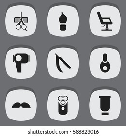 Set Of 9 Editable Barbershop Icons. Includes Symbols Such As Container, Scrub, Hair Drier And More. Can Be Used For Web, Mobile, UI And Infographic Design.