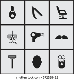 Set Of 9 Editable Barbershop Icons. Includes Symbols Such As Blade, Shaver, Whiskers And More. Can Be Used For Web, Mobile, UI And Infographic Design.
