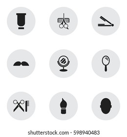 Set Of 9 Editable Barbershop Icons. Includes Symbols Such As Hairdresser Set, Scrub, Barber Tools And More. Can Be Used For Web, Mobile, UI And Infographic Design.