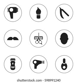 Set Of 9 Editable Barbershop Icons. Includes Symbols Such As Scrub, Hairdresser Set, Desiccator And More. Can Be Used For Web, Mobile, UI And Infographic Design.
