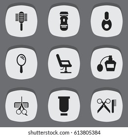Set Of 9 Editable Barbershop Icons. Includes Symbols Such As Barber Tools, Vial, Hairdresser Set And More. Can Be Used For Web, Mobile, UI And Infographic Design.