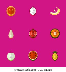 Set Of 9 Editable Berry Flat Icons. Includes Symbols Such As Jungle Fruit, Orange, Ananas And More. Can Be Used For Web, Mobile, UI And Infographic Design.