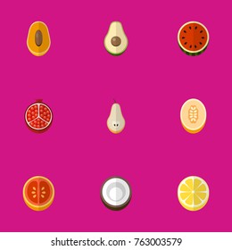 Set Of 9 Editable Berry Flat Icons. Includes Symbols Such As Garnet, Watermelon, Citrus And More. Can Be Used For Web, Mobile, UI And Infographic Design.