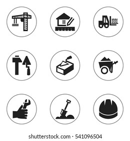 Set Of 9 Editable Building Icons. Includes Symbols Such As Handcart , Construction Tools,  Lifting Equipment. Can Be Used For Web, Mobile, UI And Infographic Design.