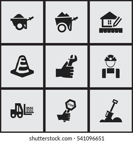 Set Of 9 Editable Building Icons. Includes Symbols Such As Handcart , Trolley , Notice Object. Can Be Used For Web, Mobile, UI And Infographic Design.