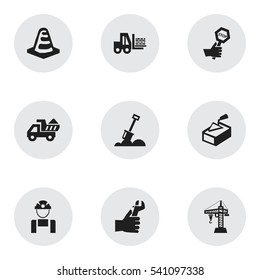 Set Of 9 Editable Building Icons. Includes Symbols Such As Camion, Notice Object, Elevator And More. Can Be Used For Web, Mobile, UI And Infographic Design.