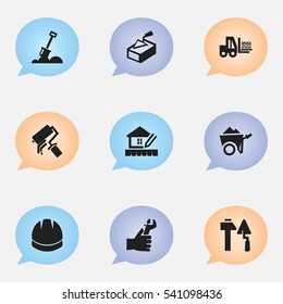 Set Of 9 Editable Building Icons. Includes Symbols Such As Hardhat , Handcart , Truck. Can Be Used For Web, Mobile, UI And Infographic Design.