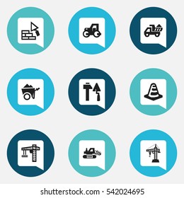 Set Of 9 Editable Building Icons. Includes Symbols Such As Elevator, Caterpillar, Lifting Equipment And More. Can Be Used For Web, Mobile, UI And Infographic Design.