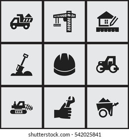 Set Of 9 Editable Building Icons. Includes Symbols Such As Lifting Equipment, Oar, Hardhat And More. Can Be Used For Web, Mobile, UI And Infographic Design.