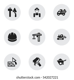 Set Of 9 Editable Building Icons. Includes Symbols Such As Camion, Hardhat, Trolley And More. Can Be Used For Web, Mobile, UI And Infographic Design.