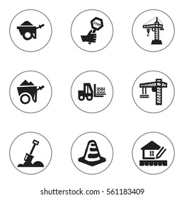 Set Of 9 Editable Building Icons. Includes Symbols Such As Truck , Handcart , Notice Object. Can Be Used For Web, Mobile, UI And Infographic Design.