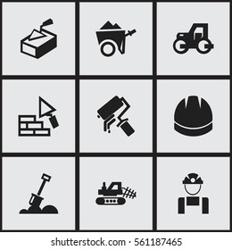 Set Of 9 Editable Building Icons. Includes Symbols Such As Spatula, Facing, Mule And More. Can Be Used For Web, Mobile, UI And Infographic Design.