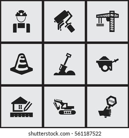 Set Of 9 Editable Building Icons. Includes Symbols Such As Home Scheduling, Employee, Endurance And More. Can Be Used For Web, Mobile, UI And Infographic Design.