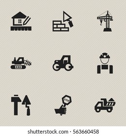 Set Of 9 Editable Building Icons. Includes Symbols Such As Mule, Employee, Camion And More. Can Be Used For Web, Mobile, UI And Infographic Design.