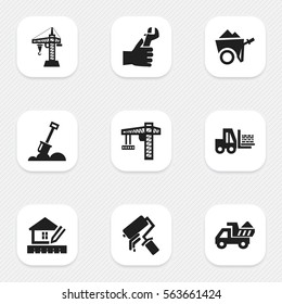 Set Of 9 Editable Building Icons. Includes Symbols Such As Elevator, Home Scheduling, Lifting Equipment And More. Can Be Used For Web, Mobile, UI And Infographic Design.