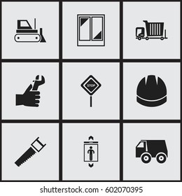Set Of 9 Editable Building Icons. Includes Symbols Such As Lorry, Hardhat, Bulldozer And More. Can Be Used For Web, Mobile, UI And Infographic Design.
