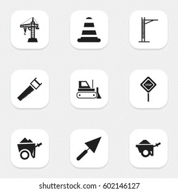 Set Of 9 Editable Building Icons. Includes Symbols Such As Warning Cone, Elevator, Hacksaw And More. Can Be Used For Web, Mobile, UI And Infographic Design.