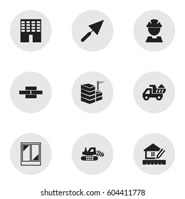 Set Of 9 Editable Building Icons. Includes Symbols Such As Home Scheduling, Building, Worker And More. Can Be Used For Web, Mobile, UI And Infographic Design.