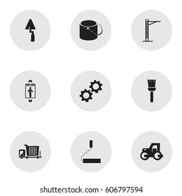 Set Of 9 Editable Building Icons. Includes Symbols Such As Mop, Hoisting Machine, Lift And More. Can Be Used For Web, Mobile, UI And Infographic Design.