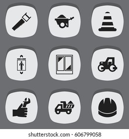 Set Of 9 Editable Building Icons. Includes Symbols Such As Balcony, Hardhat, Caterpillar And More. Can Be Used For Web, Mobile, UI And Infographic Design.