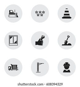 Set Of 9 Editable Building Icons. Includes Symbols Such As Bogie, Hoisting Machine, Worker And More. Can Be Used For Web, Mobile, UI And Infographic Design.