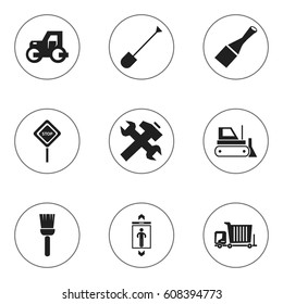 Set Of 9 Editable Building Icons. Includes Symbols Such As Caution, Caterpillar, Chisel And More. Can Be Used For Web, Mobile, UI And Infographic Design.