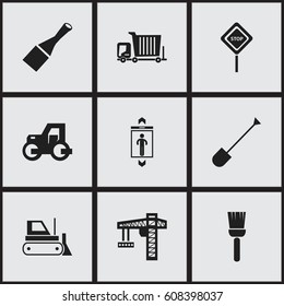 Set Of 9 Editable Building Icons. Includes Symbols Such As Bulldozer, Bogie, Chisel And More. Can Be Used For Web, Mobile, UI And Infographic Design.