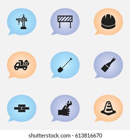 Set Of 9 Editable Building Icons. Includes Symbols Such As Camion, Barrier, Hardhat And More. Can Be Used For Web, Mobile, UI And Infographic Design.