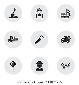 Set Of 9 Editable Building Icons. Includes Symbols Such As Facing, Worker, Hacksaw And More. Can Be Used For Web, Mobile, UI And Infographic Design.