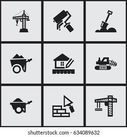 Set Of 9 Editable Building Icons. Includes Symbols Such As Facing, Elevator, Trolley And More. Can Be Used For Web, Mobile, UI And Infographic Design.