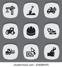 Set Of 9 Editable Building Icons. Includes Symbols Such As Excavation Machine, Camion, Hardhat And More. Can Be Used For Web, Mobile, UI And Infographic Design.
