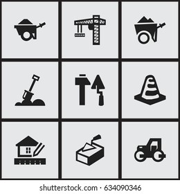 Set Of 9 Editable Building Icons. Includes Symbols Such As Lifting Equipment, Handcart , Notice Object. Can Be Used For Web, Mobile, UI And Infographic Design.