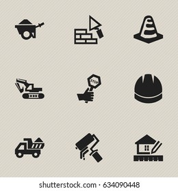 Set Of 9 Editable Building Icons. Includes Symbols Such As Trolley, Endurance, Notice Object And More. Can Be Used For Web, Mobile, UI And Infographic Design.