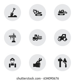 Set Of 9 Editable Building Icons. Includes Symbols Such As Truck , Hands , Mule. Can Be Used For Web, Mobile, UI And Infographic Design.