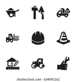 Set Of 9 Editable Building Icons. Includes Symbols Such As Trolley , Home Scheduling, Hands. Can Be Used For Web, Mobile, UI And Infographic Design.