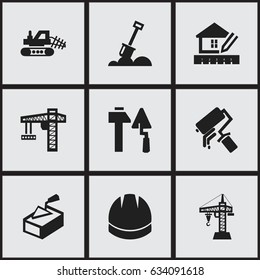 Set Of 9 Editable Building Icons including Symbols Such As Scrub, Lifting Equipment, Spatula And More. Can Be Used For Web, Mobile, UI And Infographic Design.