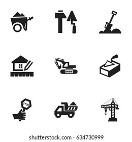 Set Of 9 Editable Building Icons. Includes Symbols Such As Excavation Machine , Camion , Handcart. Can Be Used For Web, Mobile, UI And Infographic Design.