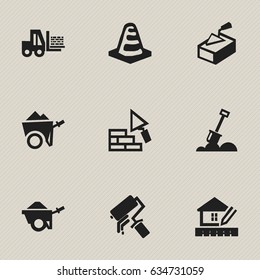 Set Of 9 Editable Building Icons. Includes Symbols Such As Home Scheduling, Oar, Trolley And More. Can Be Used For Web, Mobile, UI And Infographic Design.